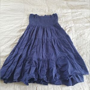 100% Cotton Navy Blue Smocked Strapless Mini Dress Womens Medium